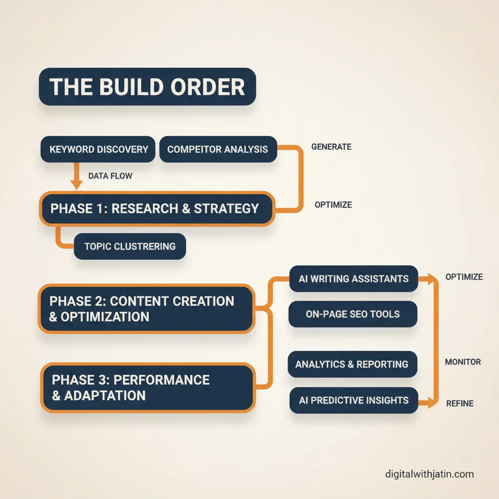 Step-by-step build order for an AI SEO tool stack starting with Google Search Console