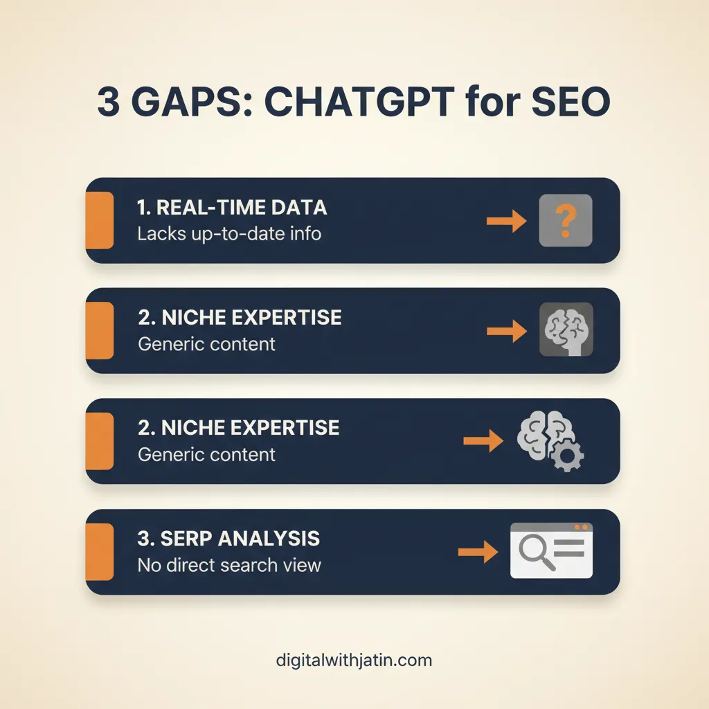 Diagram illustrating 3 gaps where chatgpt falls short for chat gpt for seo