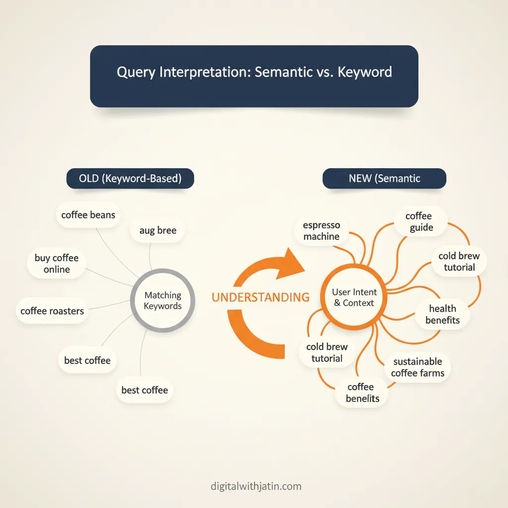 Diagram illustrating change 1: query interpretation is semantic, not keyword-based for how is ai changing seo