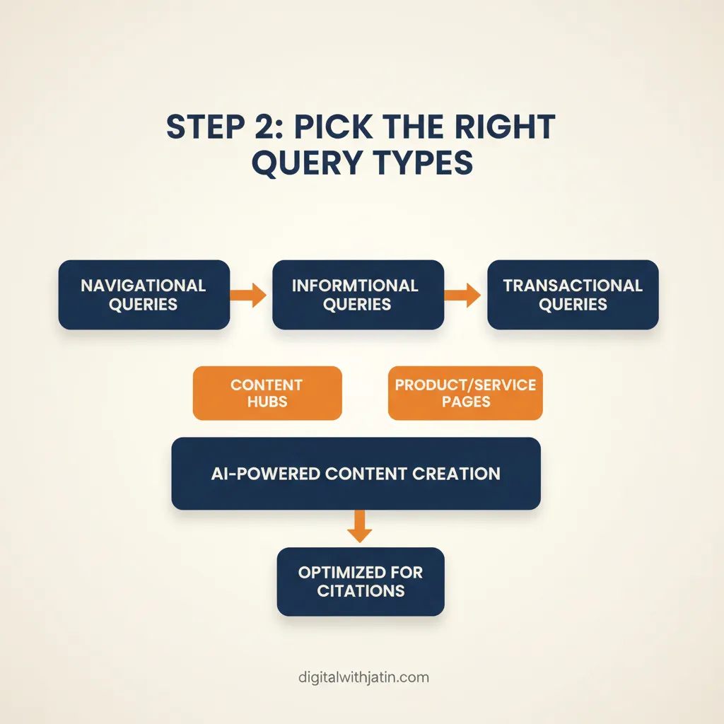 Diagram illustrating step 2: pick the right query types for how to do ai seo