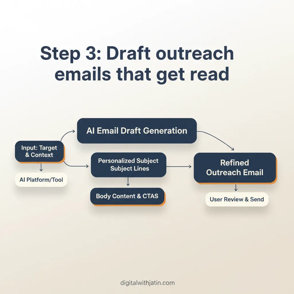 Link outreach step 3 workflow: AI reads target page content and generates a personalised draft for human review before sending
