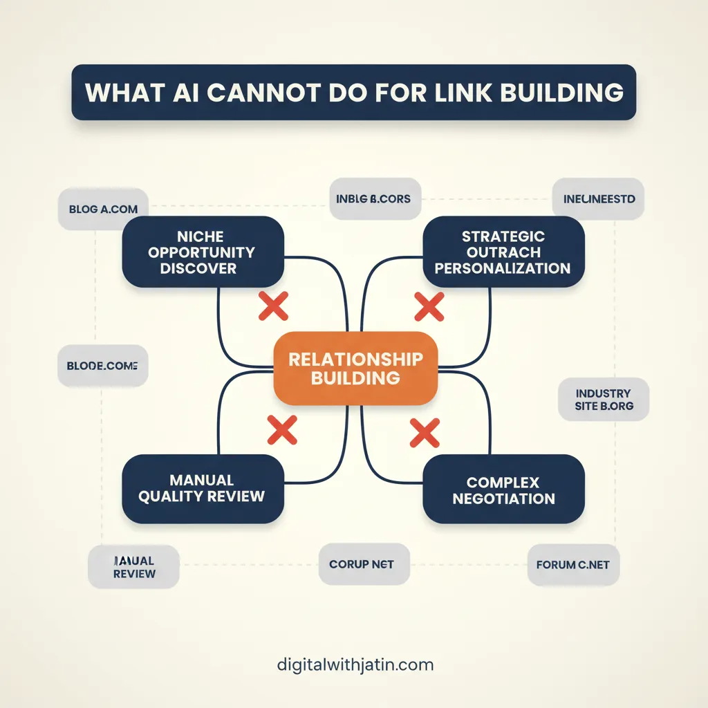 Where AI cannot help in link building: editorial relationships, journalist contacts, and digital PR cannot be automated
