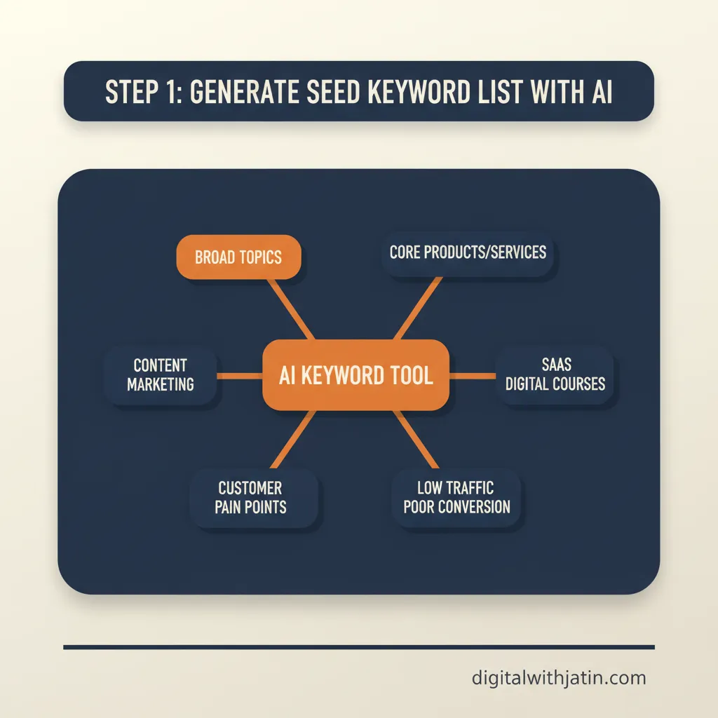 Diagram illustrating step 1: generate a seed keyword list with ai for how to use ai to conduct keyword research for seo