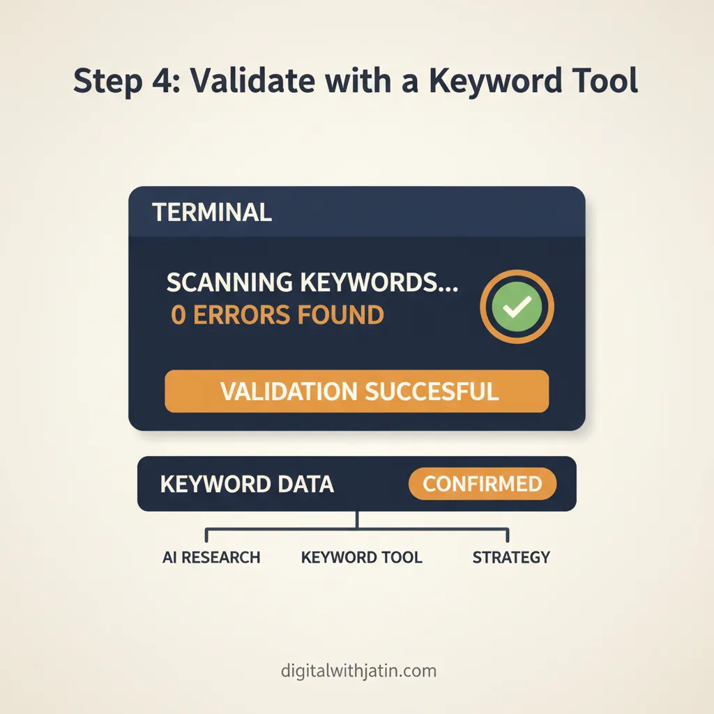 Diagram illustrating step 4: validate with a keyword tool for how to use ai to conduct keyword research for seo