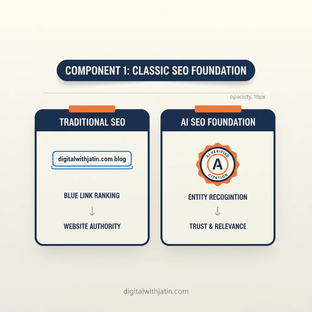 Diagram illustrating component 1: classic seo foundation for what is an ai seo strategy